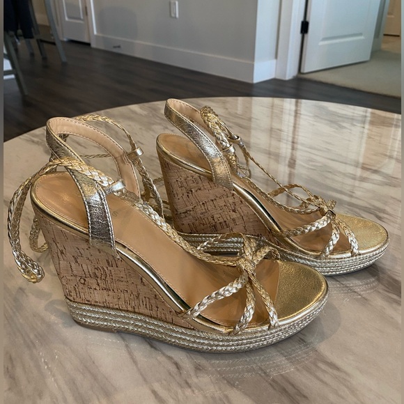 Women’s Metallic Woven Tie Cork Wedge Heel Sandals Gold Natural - Picture 6 of 6